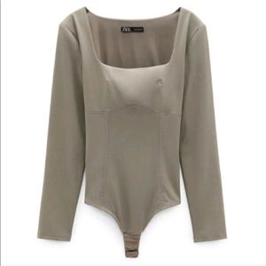ZARA Long Sleeve Square Neck green taupe Bodysuit NWT